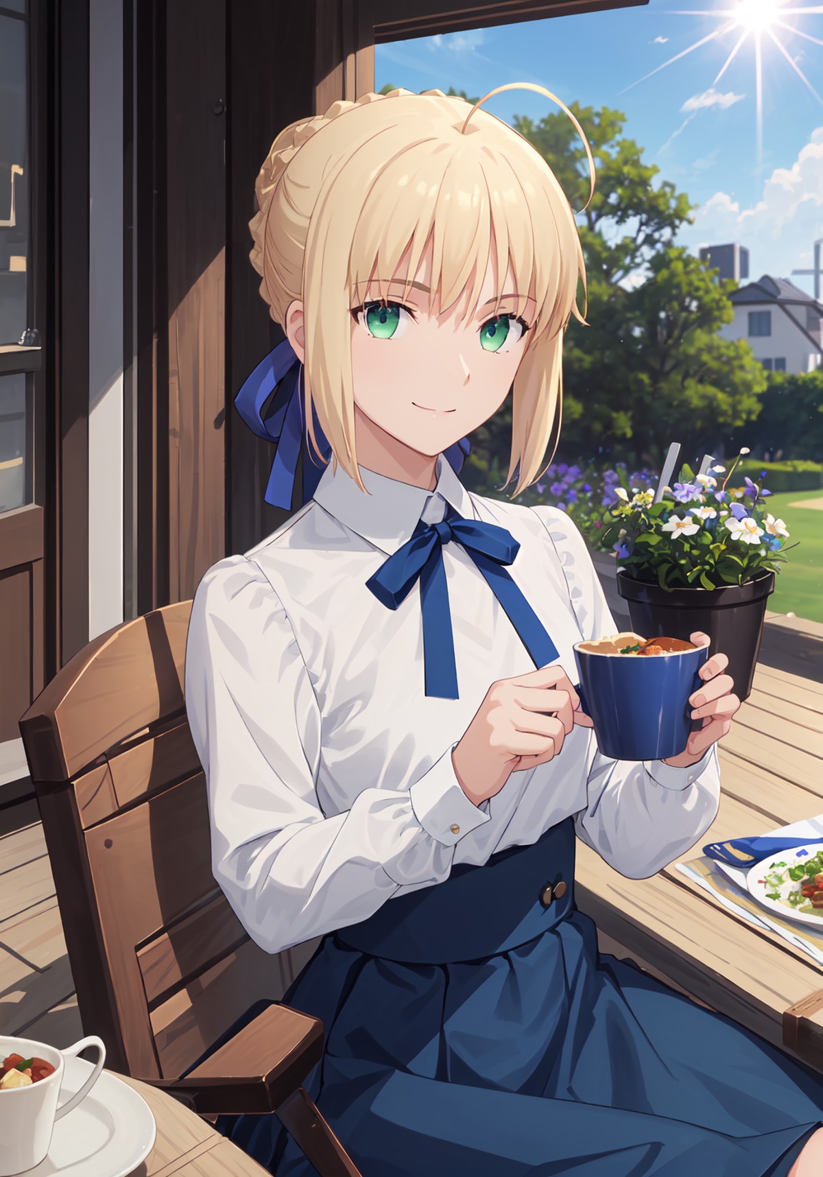 best quality, masterpiece, phSaber, phAltoria, 1girl, solo, sitting, blue ribbon, cup, skirt, smile, shirt, food, looking ...